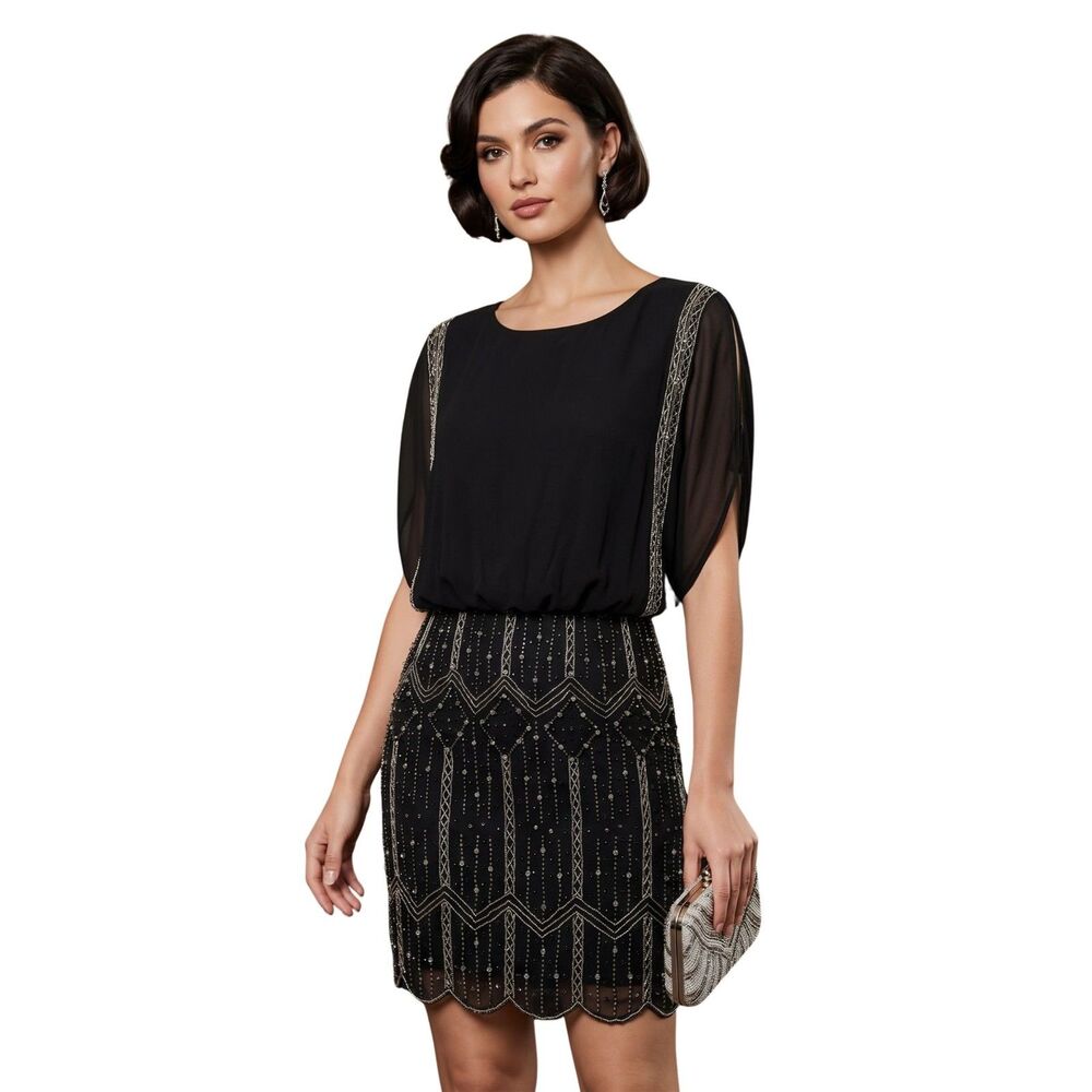 🖤 Gianni Bini Rain Black Beaded Art Deco Cocktail Dress XS NWT Blouson Evening
